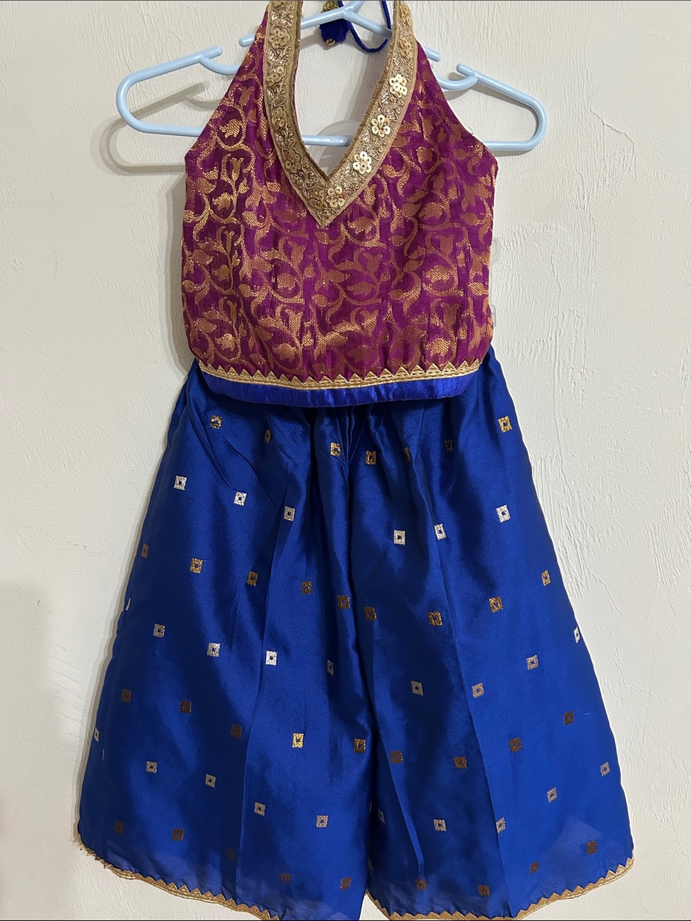 Kids Girls Indian Ethnic Wear Purple and Blue Embellished Halter & Pants 12-18M